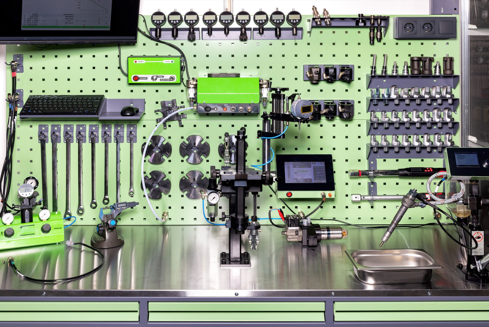 Advanced diagnostic tools and modern industrial equipment in workshop setup in an organized workplace, the concept of machine calibration.